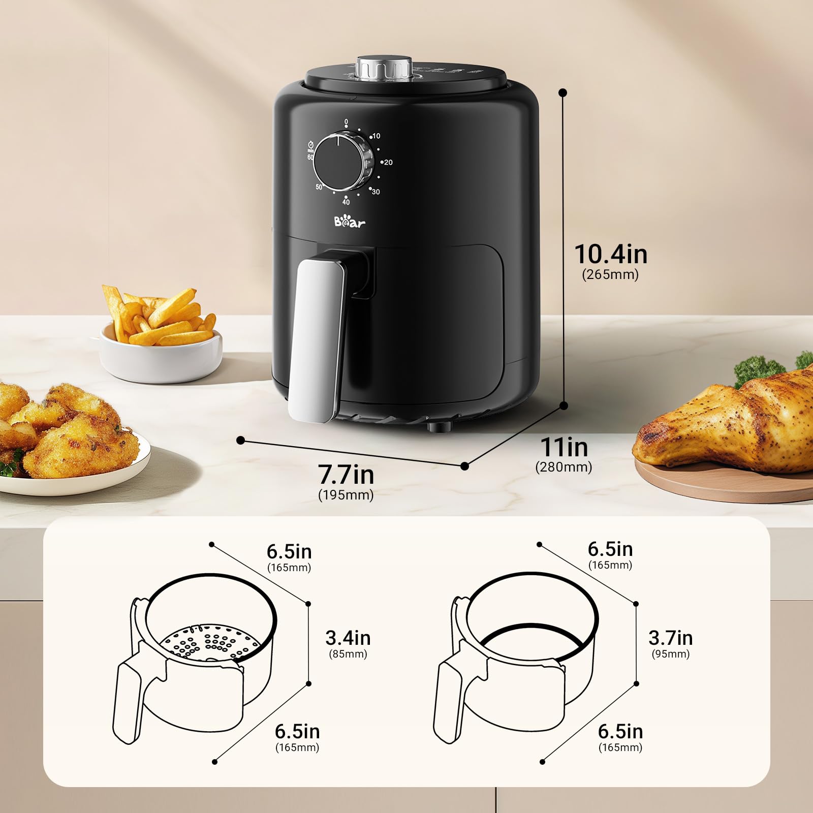 Bear freidora de aire mini 2.1qt con ajuste de tiempo y temperatura para resultados precisos.