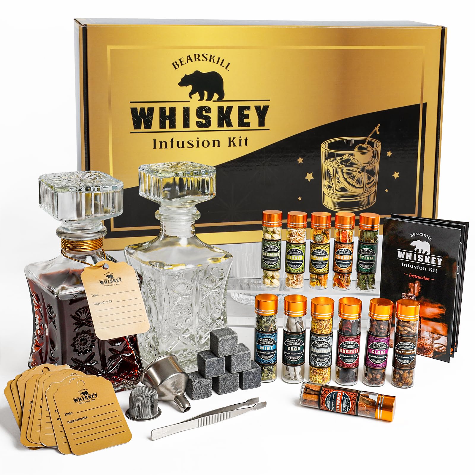El BearSkill Whisky Infusion Kit luce una elegante botella de cristal para infusiones personalizadas.