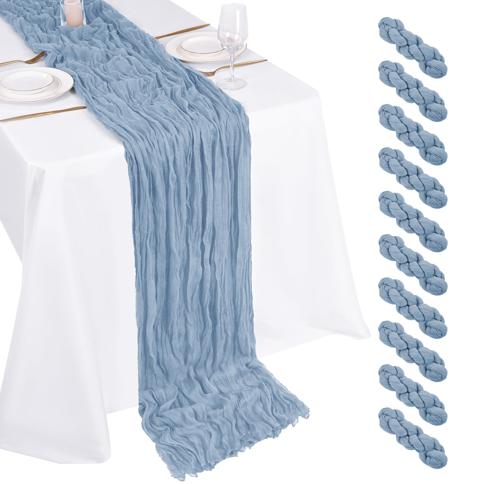 Mantelería Beautane de gasa azul polvoriento decora la mesa de bodas