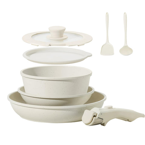 BECIGAR juego ollas y sartenes cerámicas 8 piezas para cocina eficiente y ordenada.