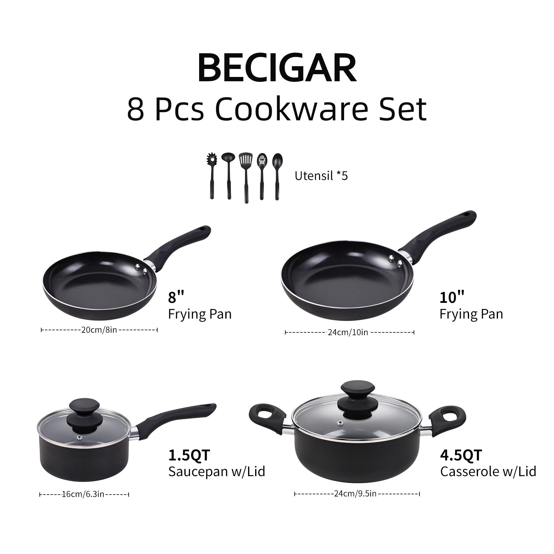 BECIGAR sartenes cerámicas antiadherentes de 8 piezas: limpieza rápida tras cocinar.