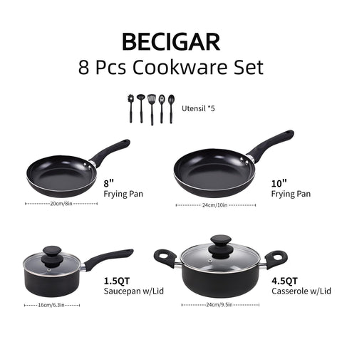 BECIGAR sartenes cerámicas antiadherentes de 8 piezas: limpieza rápida tras cocinar.