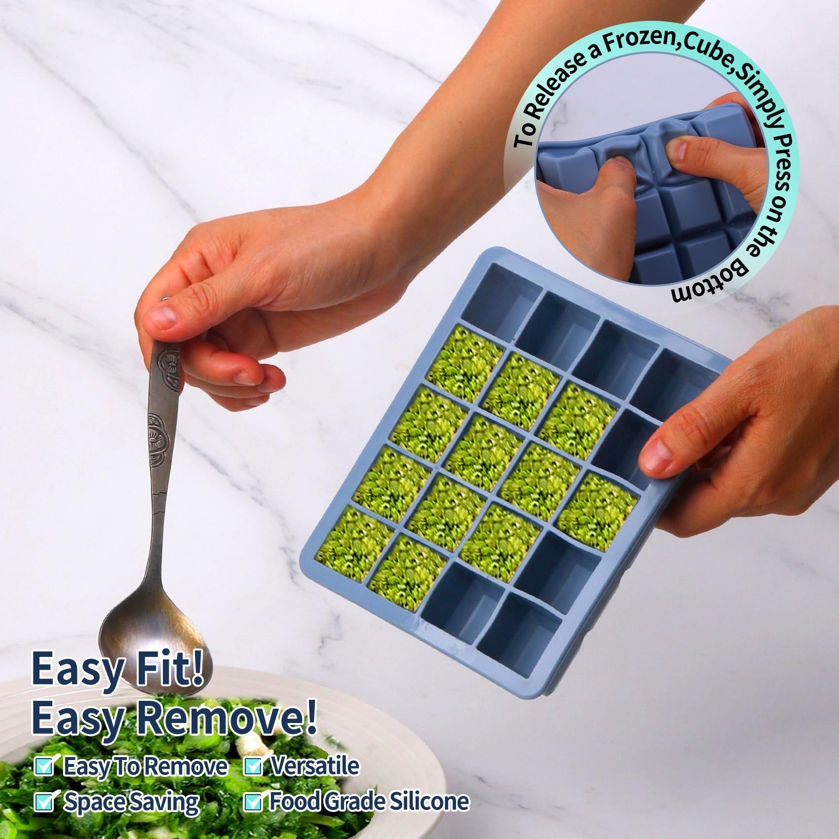 BECOKIT moldes silicona para purés vegetales; porciones listas para usar.