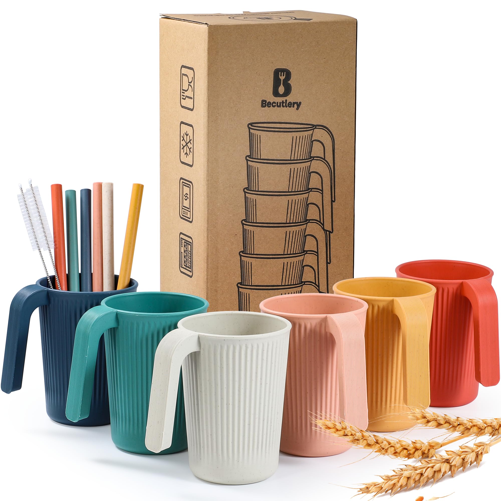 becutlery tazas paja trigo 12oz 6unidades: coloridas y resistentes para uso diario