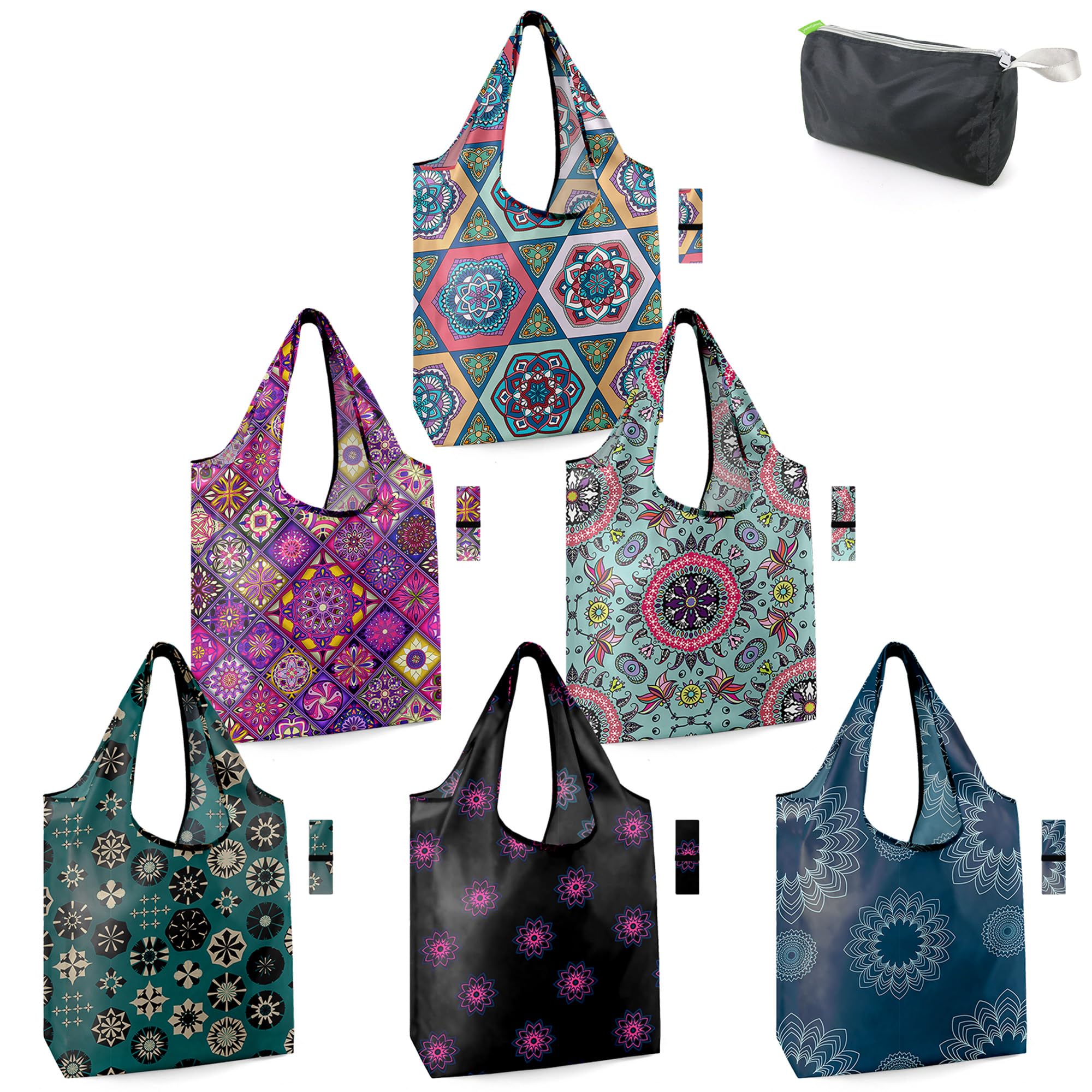 BeeGreen bolsas reutilizables con patrones variados, ideales para compras y regalos.