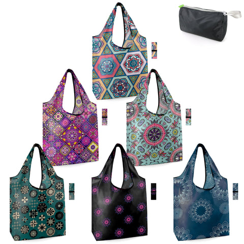 BeeGreen bolsas reutilizables con patrones variados, ideales para compras y regalos.