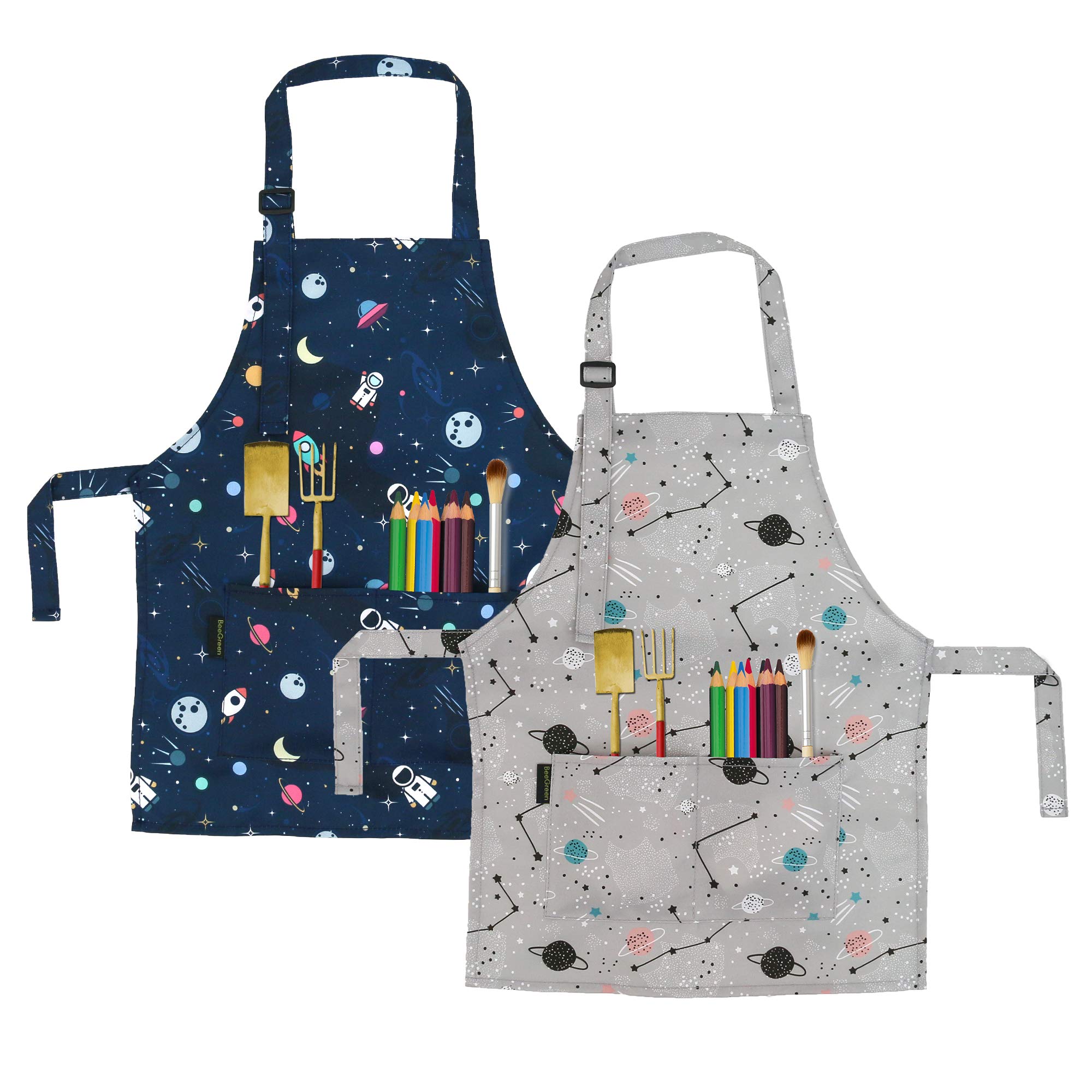 BeeGreen Planeta Cohete, delantal de cocina para niños con ajuste de cuello para mayor comodidad.