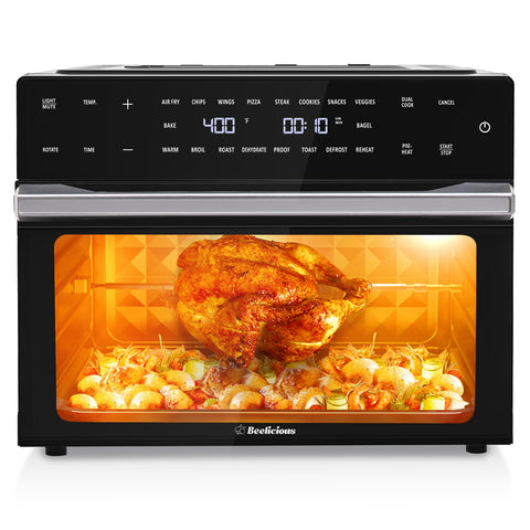 Beelicious Freidora-aire 32qt, frente: gran capacidad para comidas familiares.