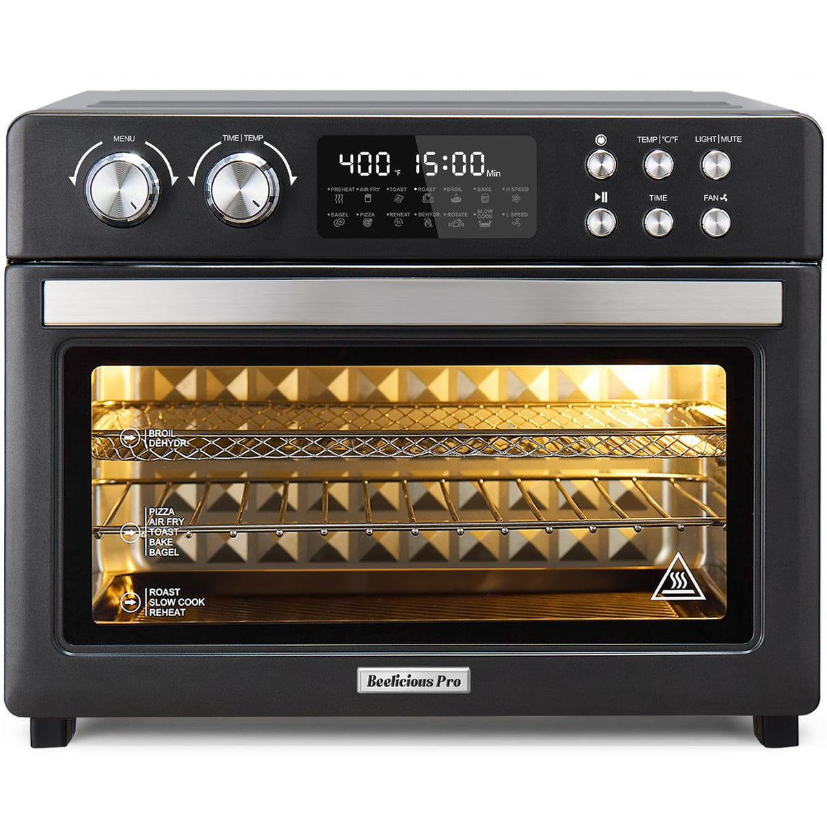 Beelicious Pro 28QT frente del horno-aire-tostador, diseño elegante y práctico para comidas grandes
