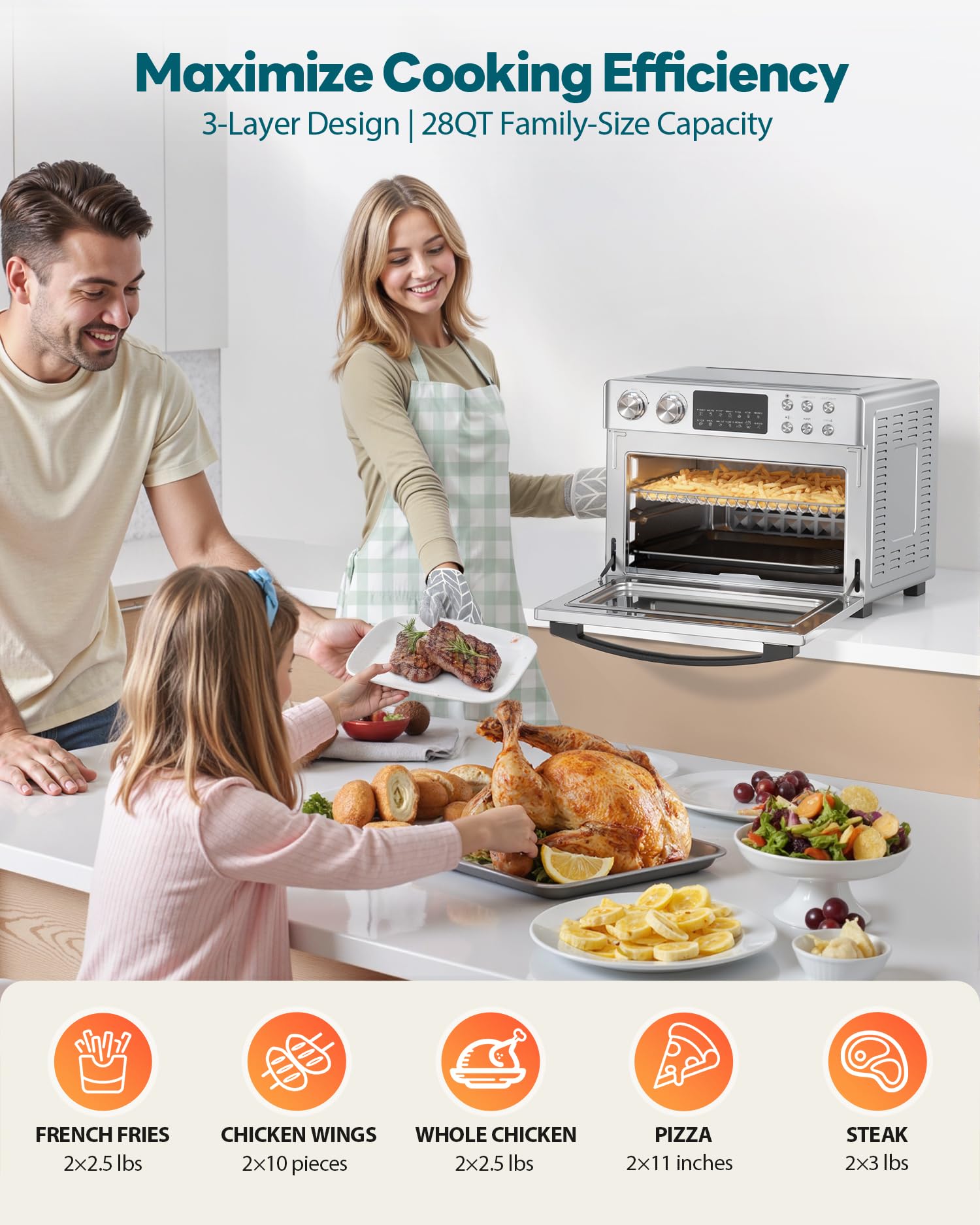 Beelicious Pro 28QT interior de horno aire con rejillas y bandejas visibles