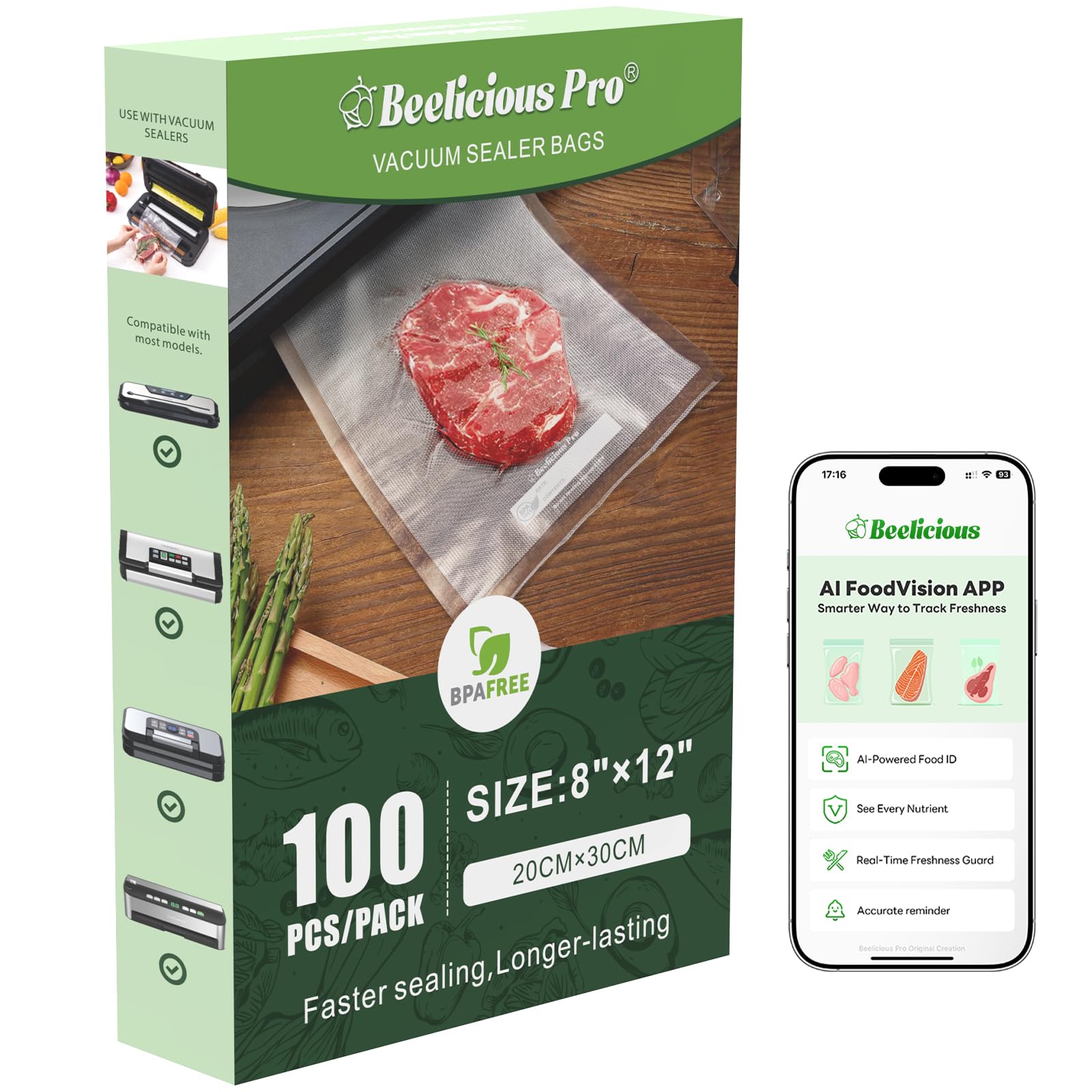 Beelicious Pro bolsas con canales embossados para un sellado más firme y frescura prolongada.