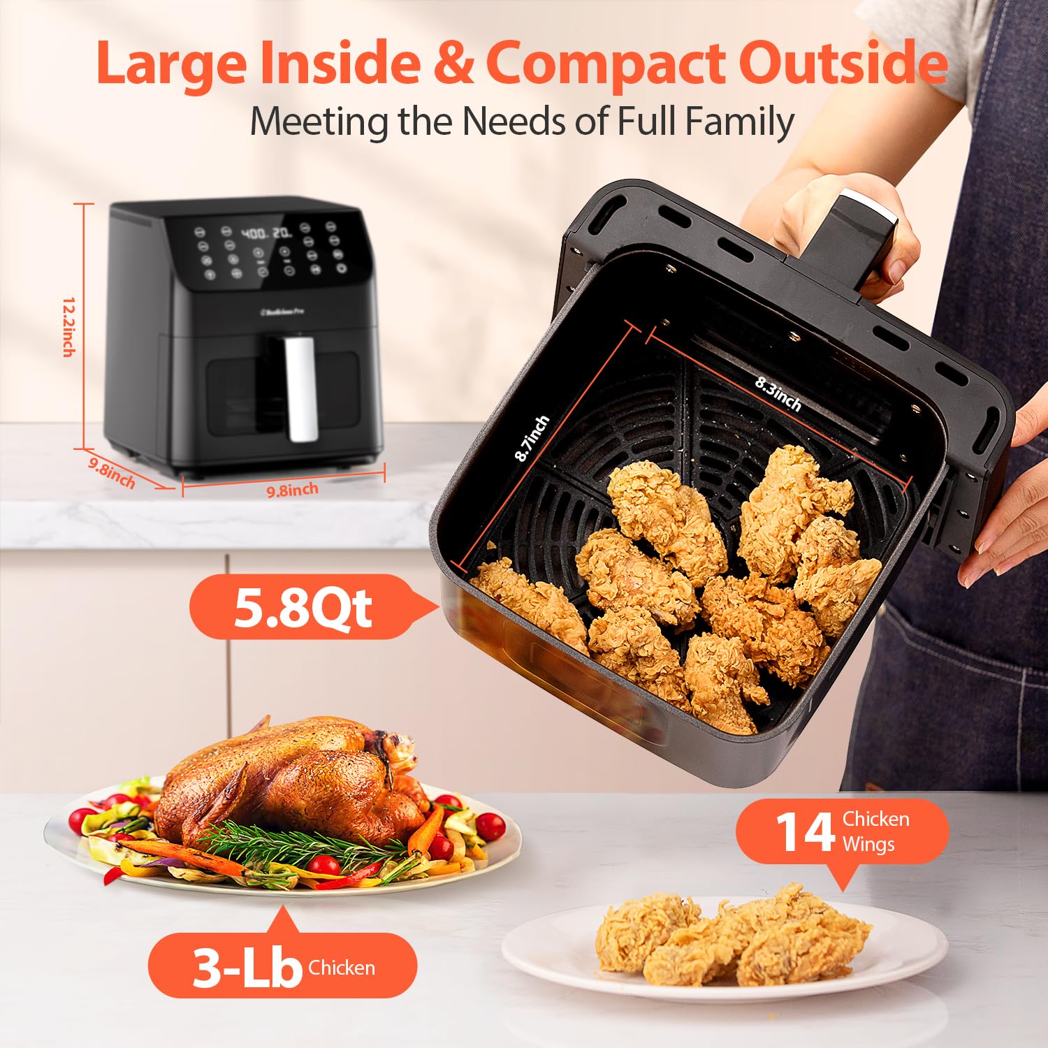Beelicious Pro freidora de aire 5,8QT capacidad para 3-5 porciones