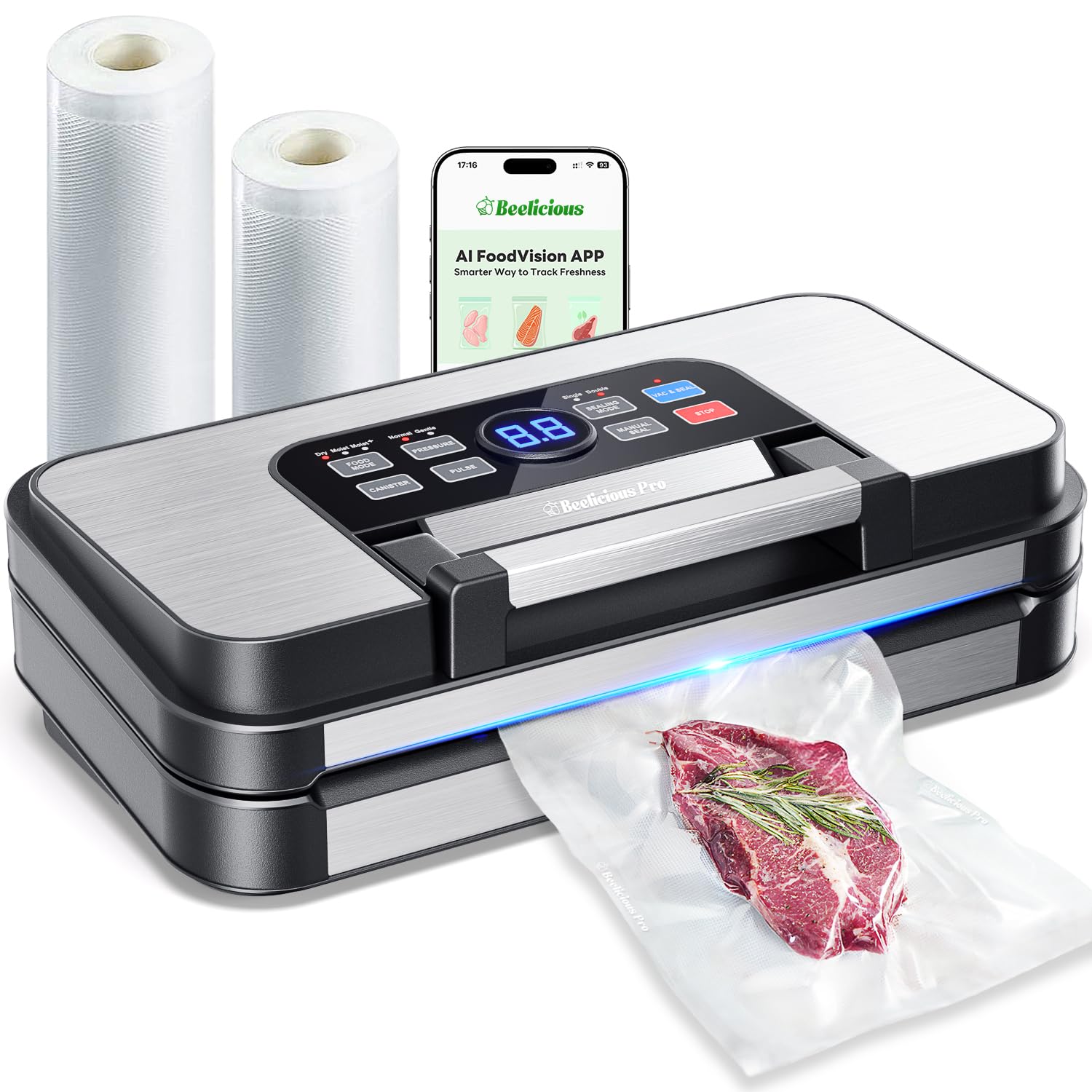 Beelicious Pro sellador al vacío 95 kPa para conservar alimentos.