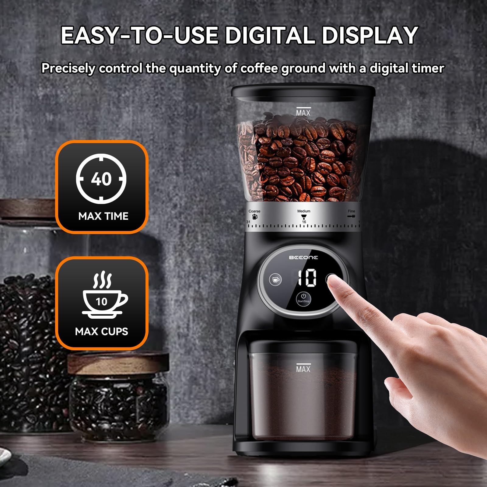 BeeONE molienda para espresso y turco con ajuste fino.