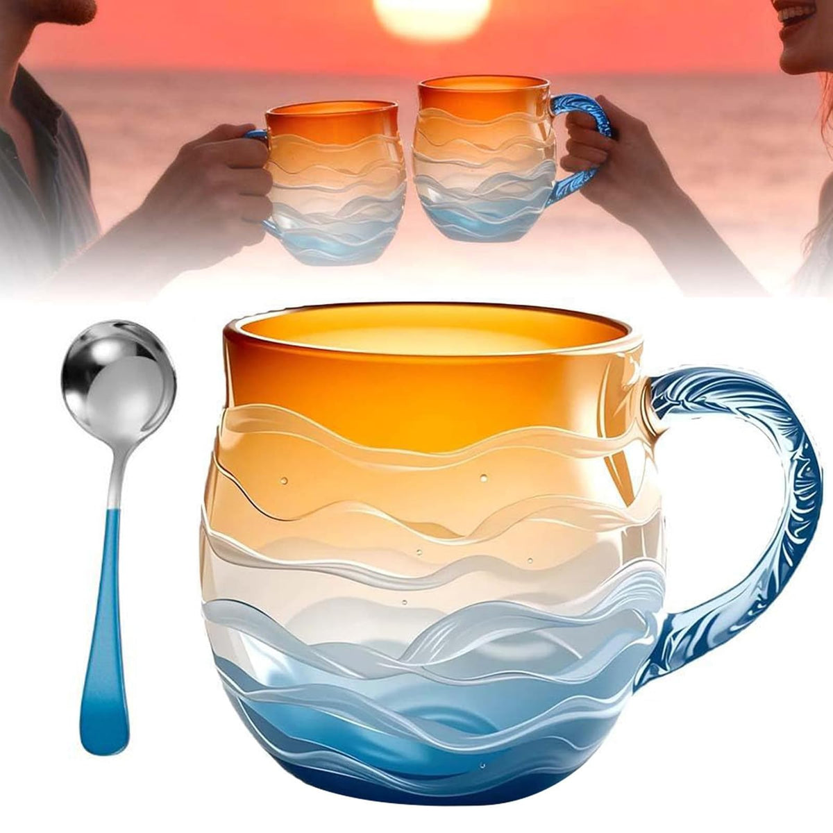 Beepow Sea Glass Sundown: frente de taza con textura única para café matutino.