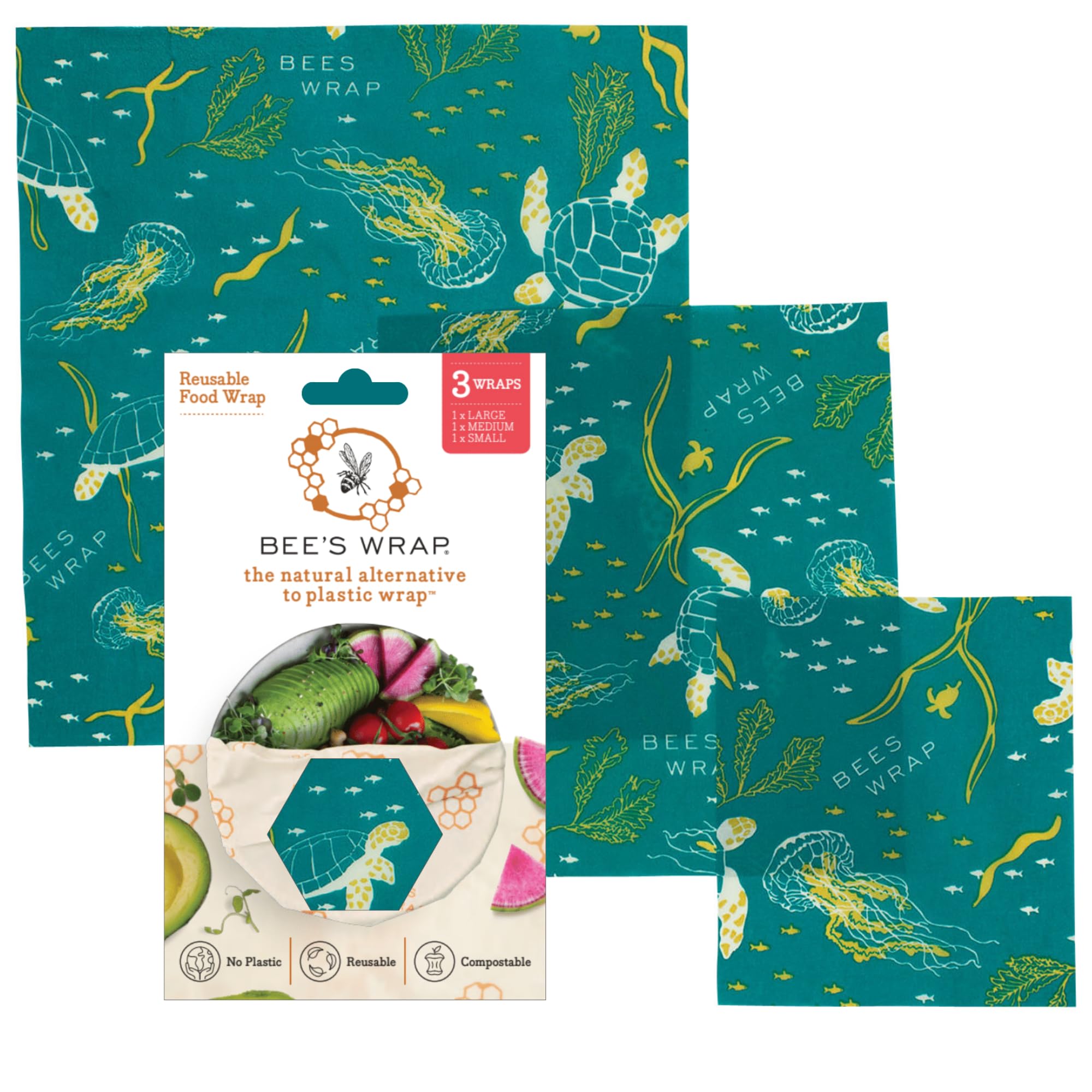 Bee's Wrap envoltorio pequeño para fruta con diseño oceánico, ideal para snacks reutilizables.
