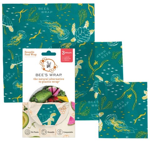 Bee's Wrap envoltorio pequeño para fruta con diseño oceánico, ideal para snacks reutilizables.