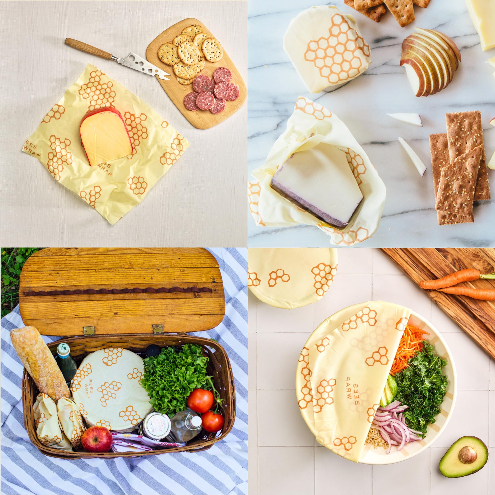 Bee's Wrap: ingredientes orgánicos (cera de abeja y aceites vegetales) para una opción natural.