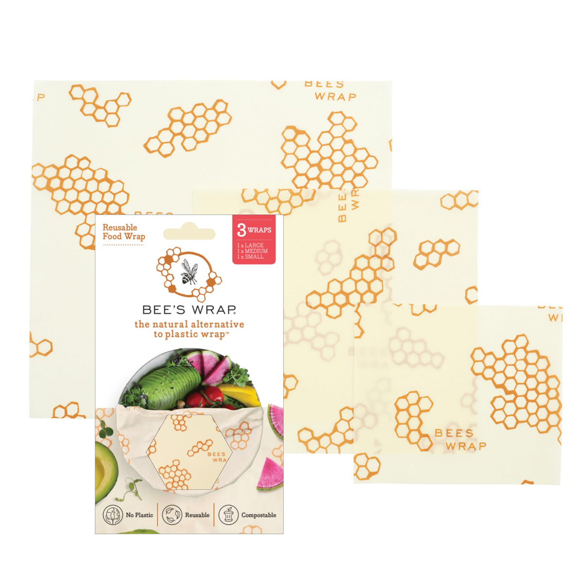 Bee's Wrap: panales dorados mediano, 3-pack para conservar alimentos sin plástico.