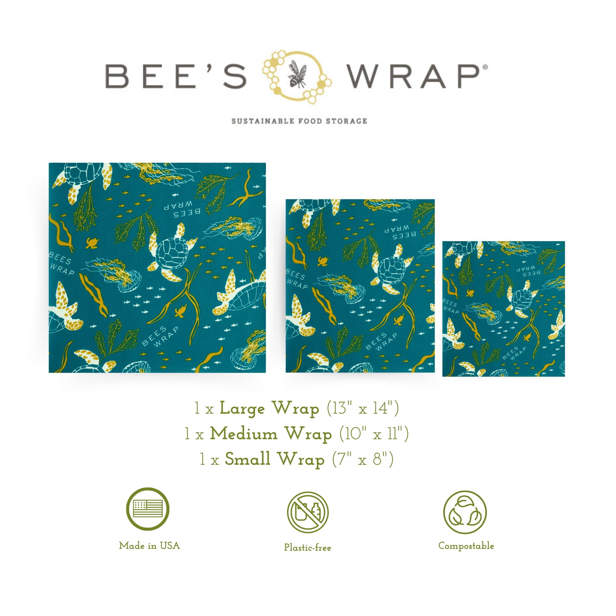 Bee's Wrap envoltorio mediano para sándwich con diseño oceánico, mantiene alimentos frescos.