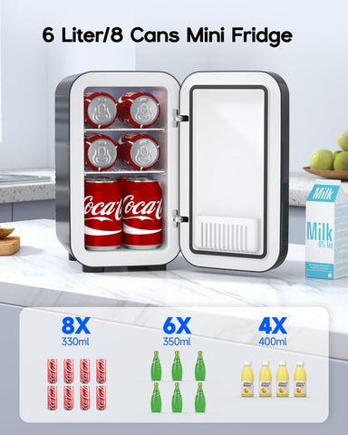 BEICHEN minifrigo 6L interior con estantes para bebidas y aperitivos.