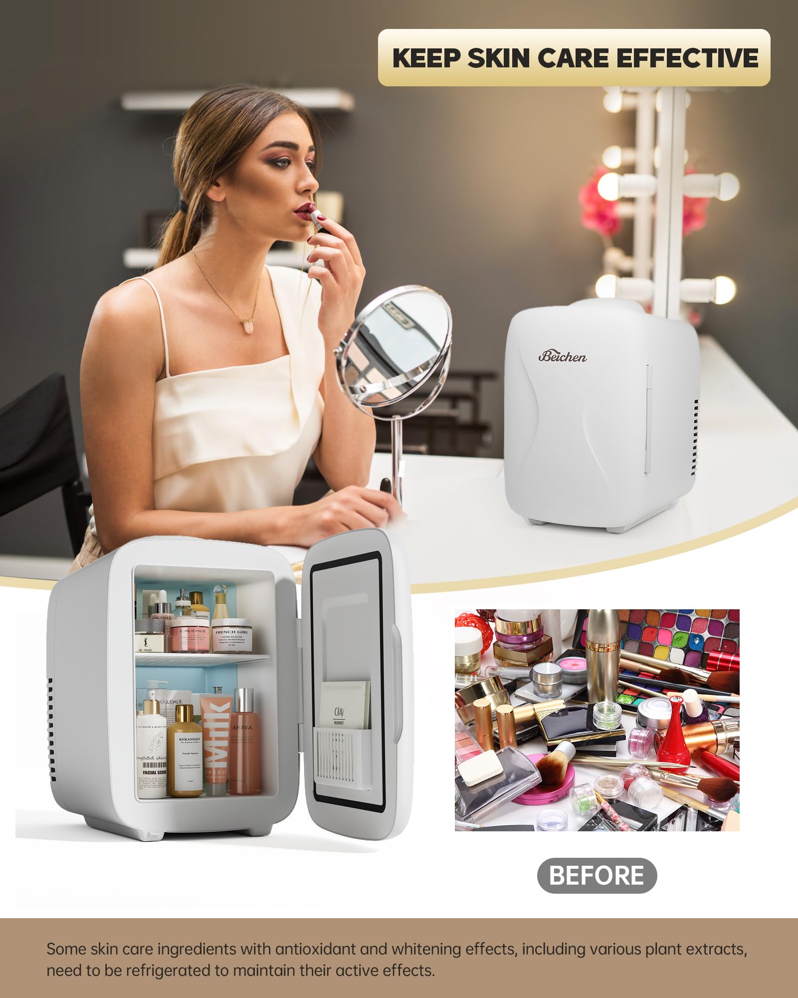 Frigorífico BEICHEN, interior ajustable para ordenar cosméticos y snacks.