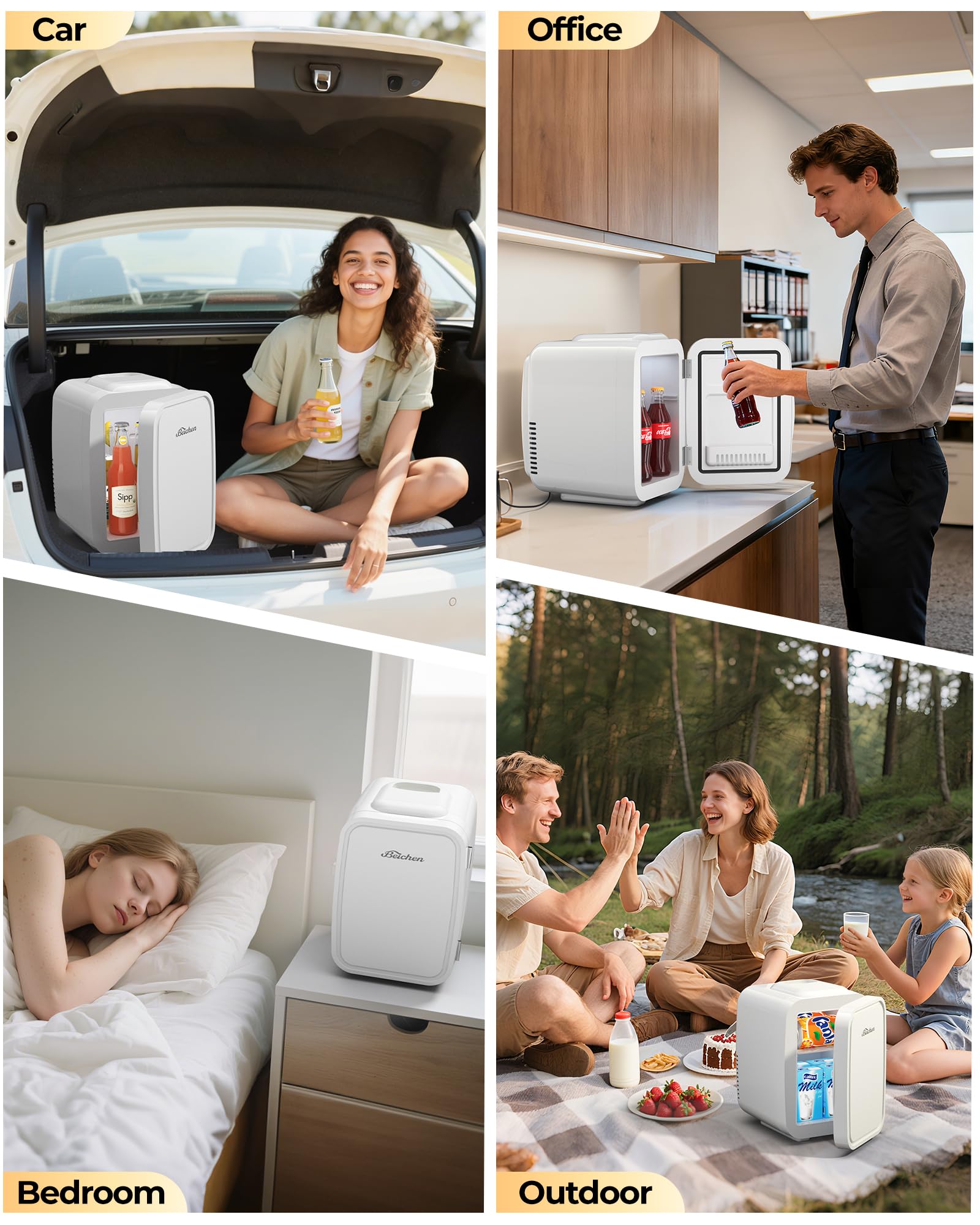 BEICHEN Mini Nevera 4L, organización flexible para snacks y botellas pequeñas.