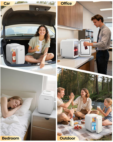 BEICHEN Mini Nevera 4L, organización flexible para snacks y botellas pequeñas.