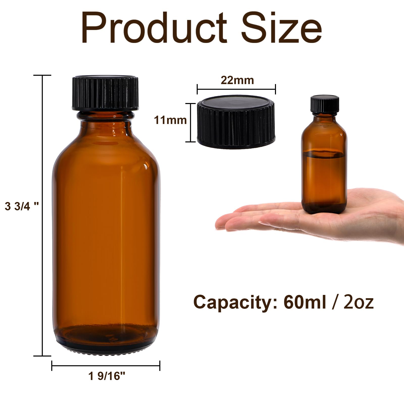 Bekith botella de vidrio ámbar 2 oz con tapa negra, ideal para perfumes.