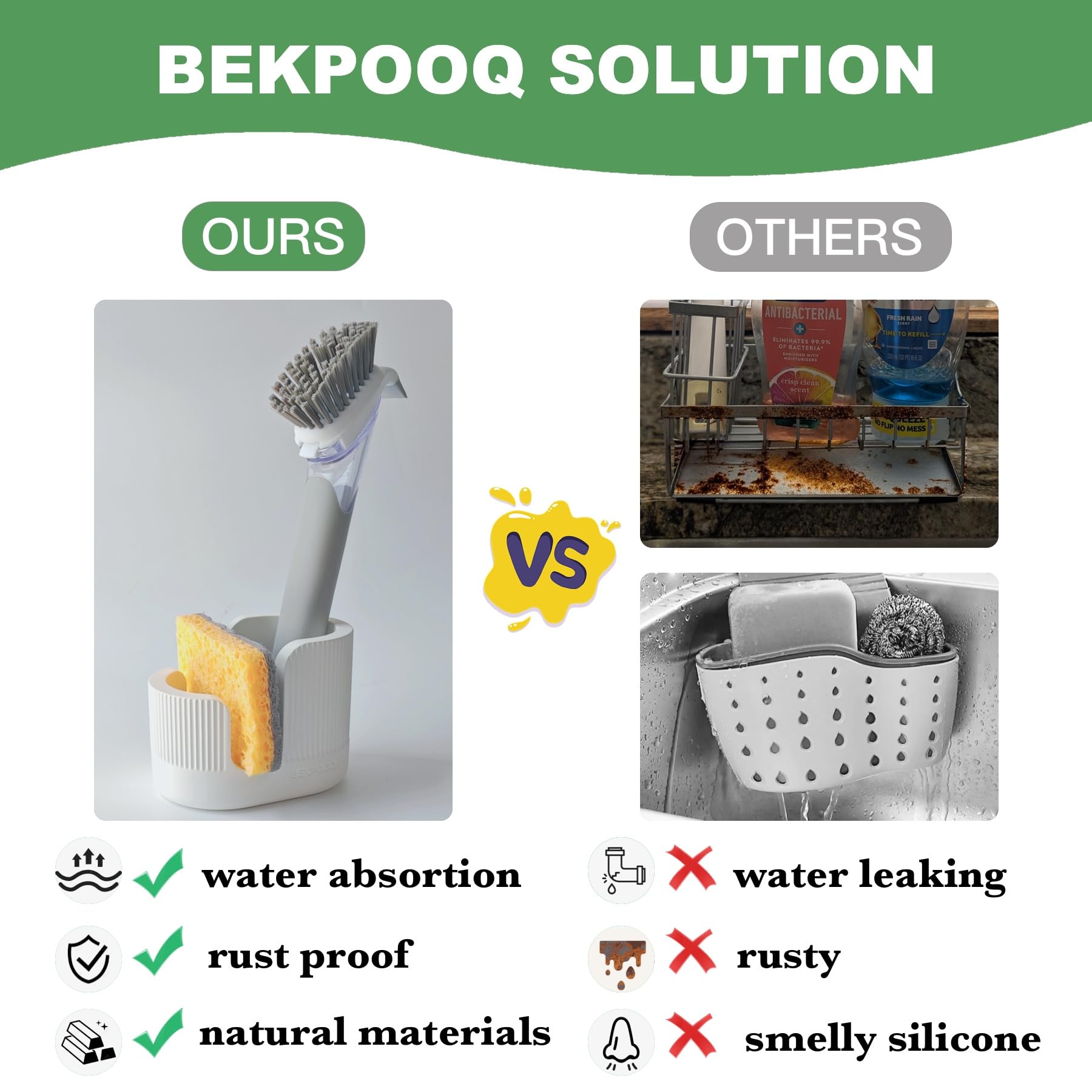 BekPooQ absorbencia rápida para esponjas y cepillos en la cocina.