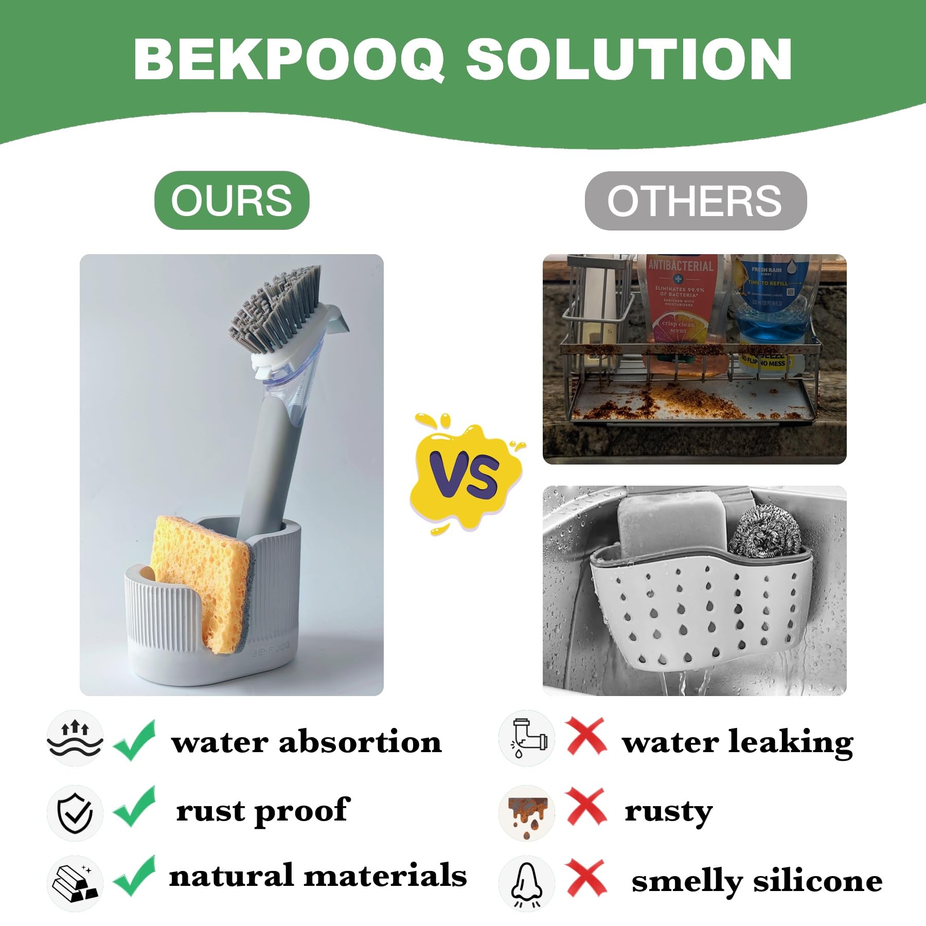 BekPooQ organizador fregadero 2 en 1 para esponjas y cepillos.