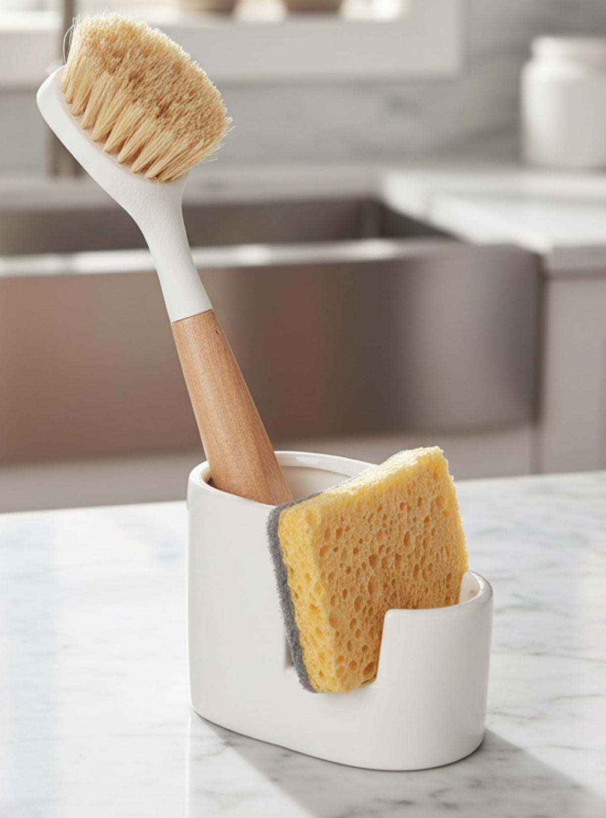 BekPooQ dos en uno porta esponjas cerámico blanco para mantener la cocina ordenada.