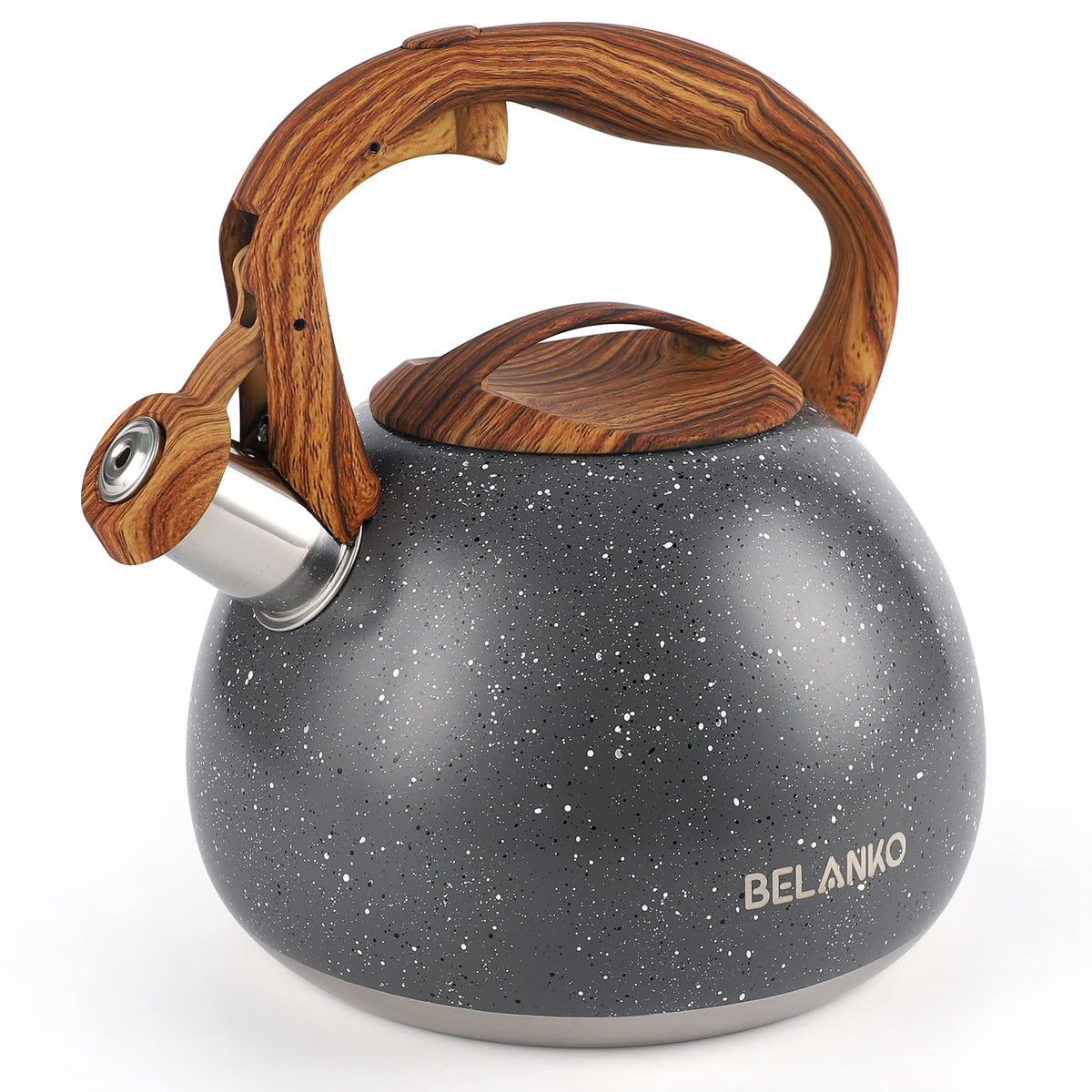 Tetera BELANKO estrellada gris, frente visible, hervir agua rápidamente para desayunos.