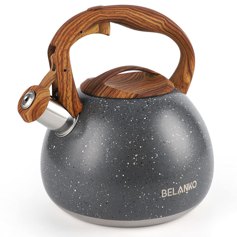 Tetera BELANKO estrellada gris, frente visible, hervir agua rápidamente para desayunos.