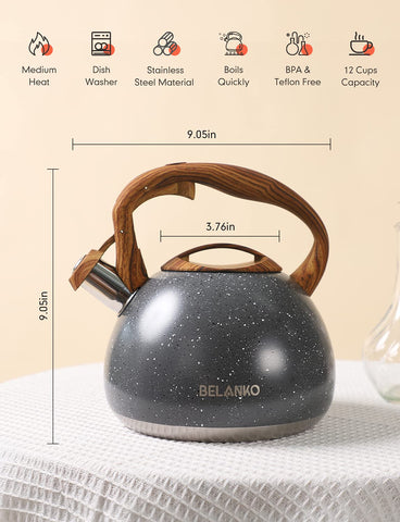 Tetera BELANKO estrellada gris, silbido audible al hervir, ideal para familias.