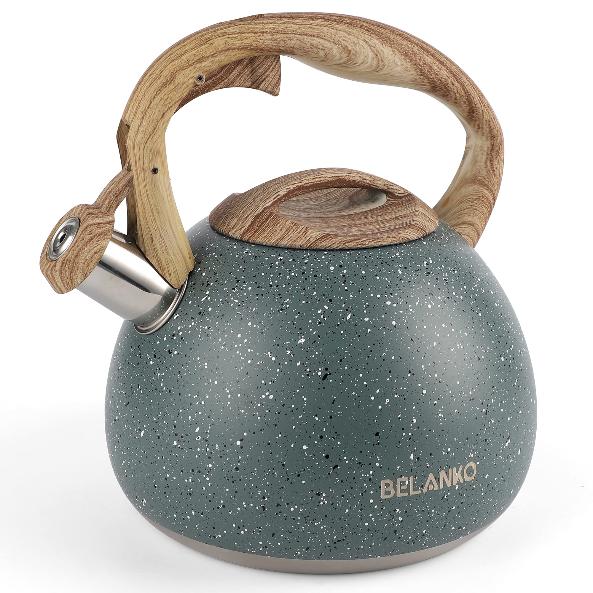 Tetera BELANKO 2,7 qt verde estrellado, vista frontal, diseño elegante para la cocina.