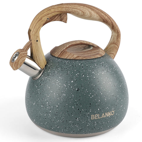 Tetera BELANKO 2,7 qt verde estrellado, vista frontal, diseño elegante para la cocina.