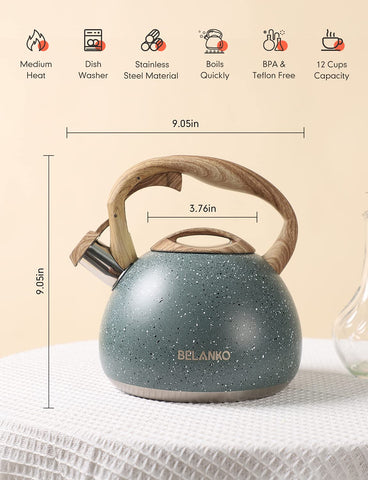 Tetera BELANKO 2,7 qt verde estrellado, compatible con inducción para estufas modernas.