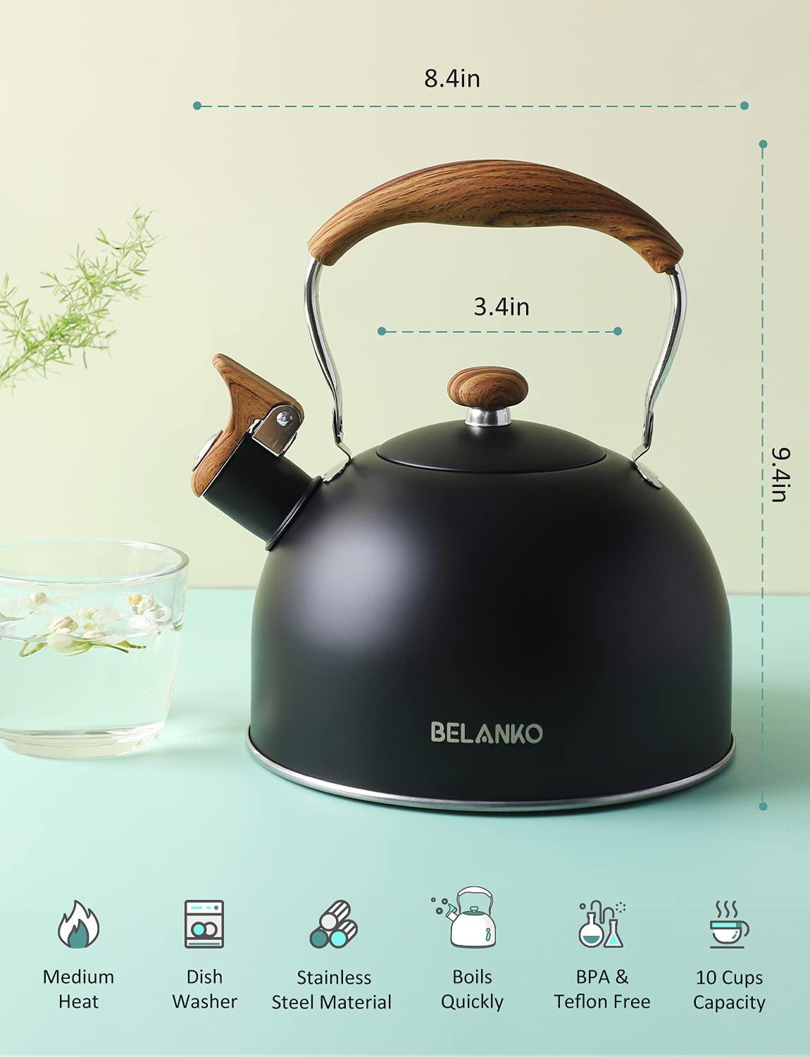 BELANKO tetera apta para todo tipo de estufa en la cocina.