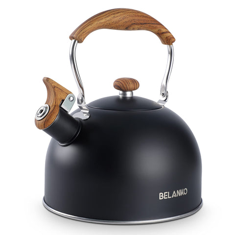 Tetera BELANKO con asa plegable para almacenamiento seguro.