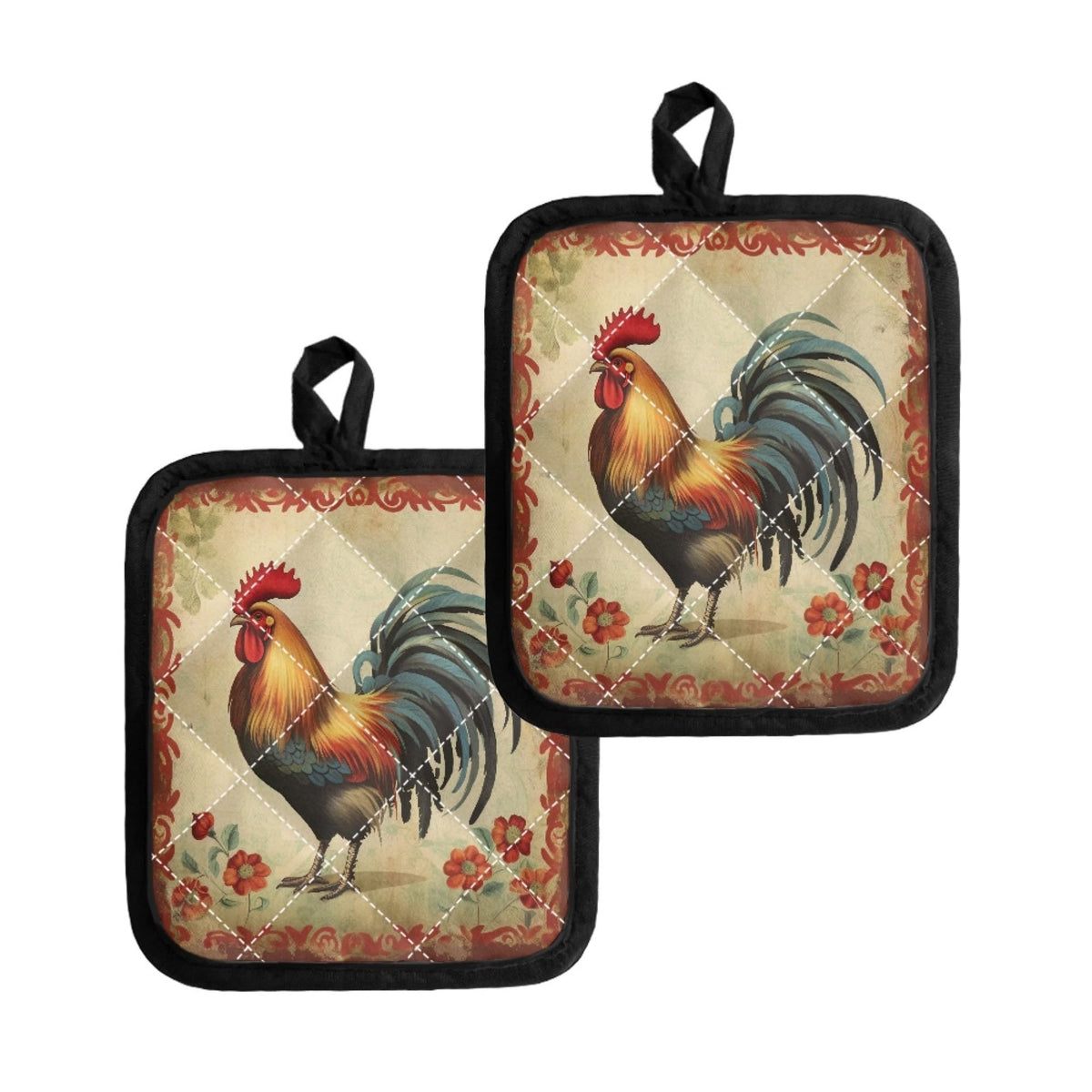 Manoplas Belidome con diseño de gallo vintage impreso para cocinar con estilo
