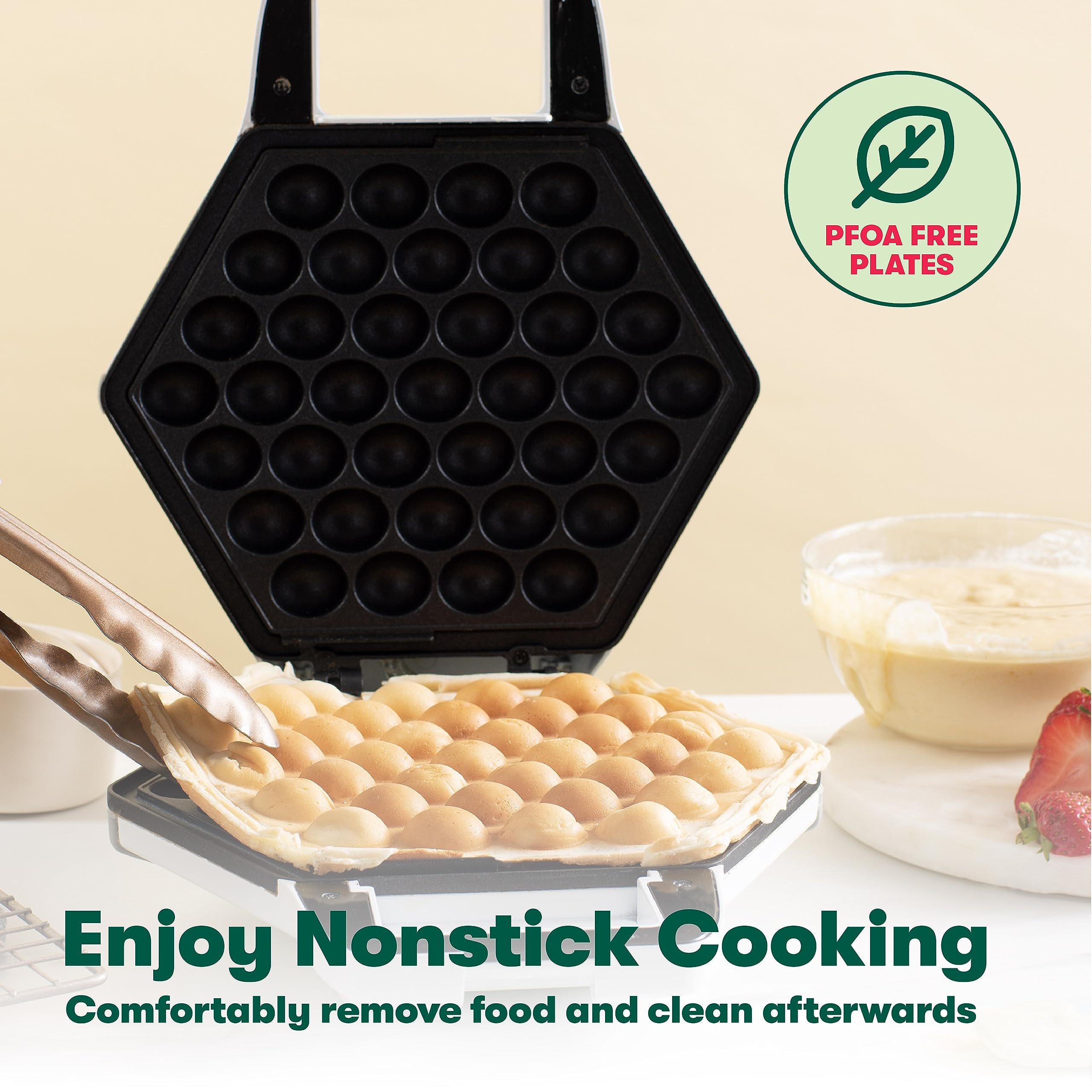 Bella Bubble Waffle Maker mango cierre, almacenamiento vertical seguro.
