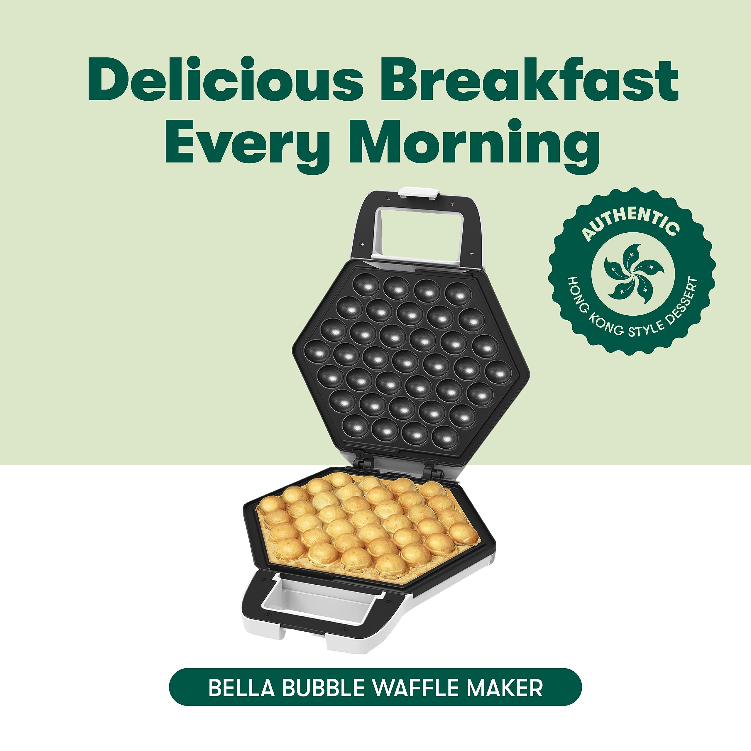 Bella Bubble Waffle Maker con cono rack, ideal para postres sin desorden.