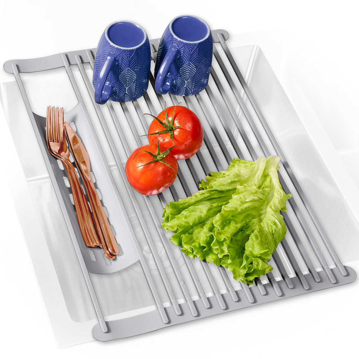 BELLE TERRE escurridor enrollable de platos, diseño compacto para fregaderos pequeños.