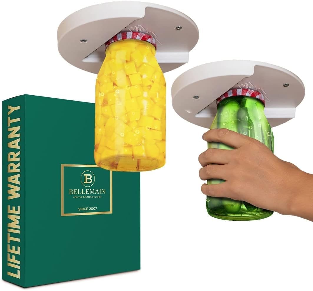 Bellemain abre tapas frascos bajo armario, facilita acceso cómodo sin esfuerzo.