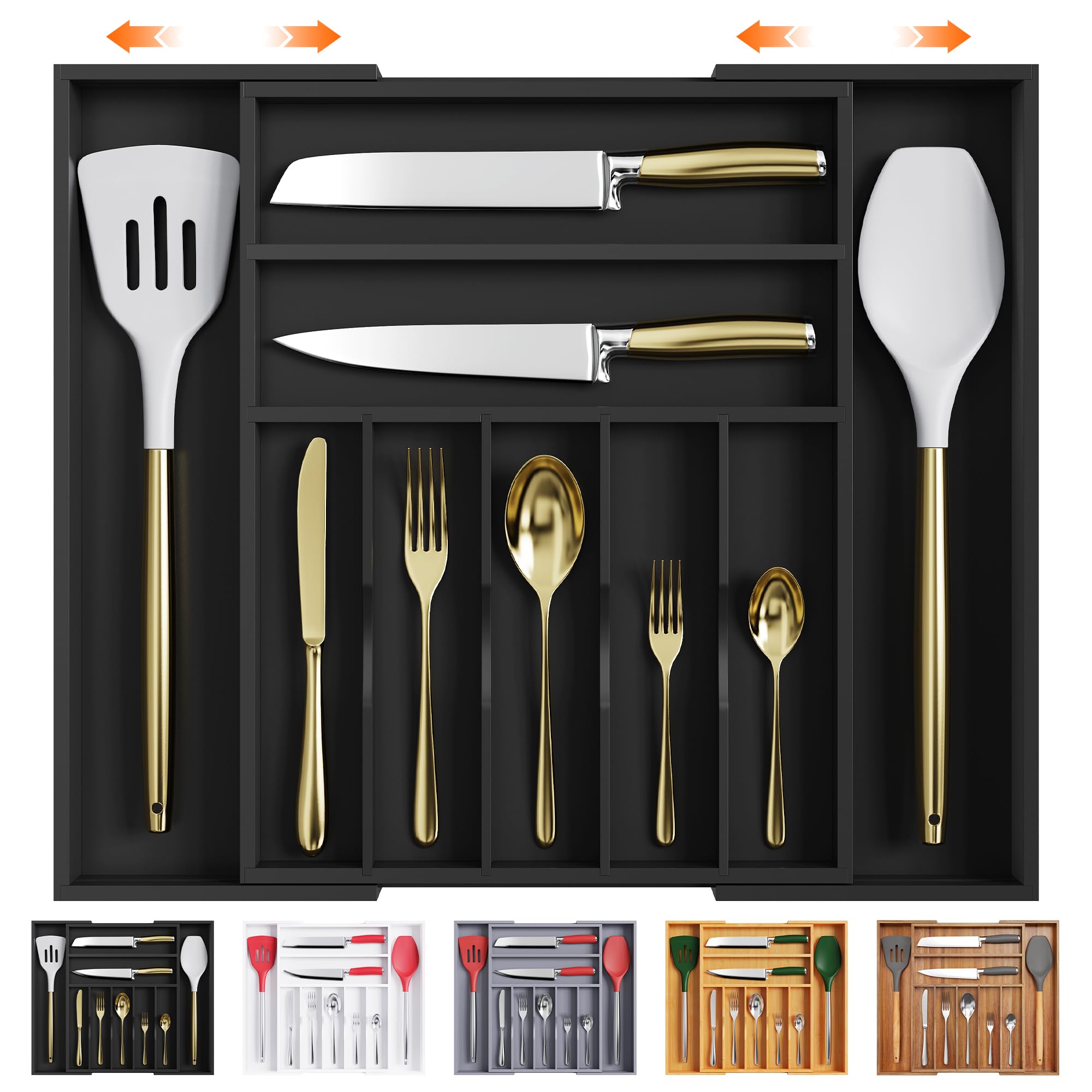Bellsal organizador de cubiertos de bambú expandible, ordena utensilios y mejora la limpieza de la cocina.