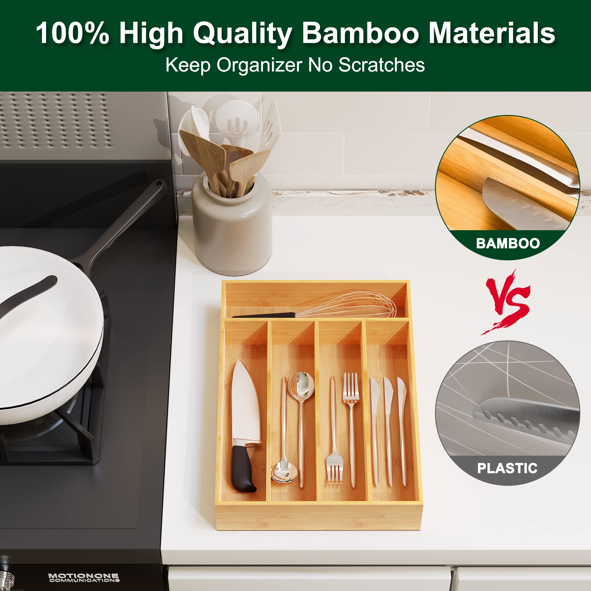Bellsal organizador de cubiertos para cajón en bambú natural para cocina ordenada.