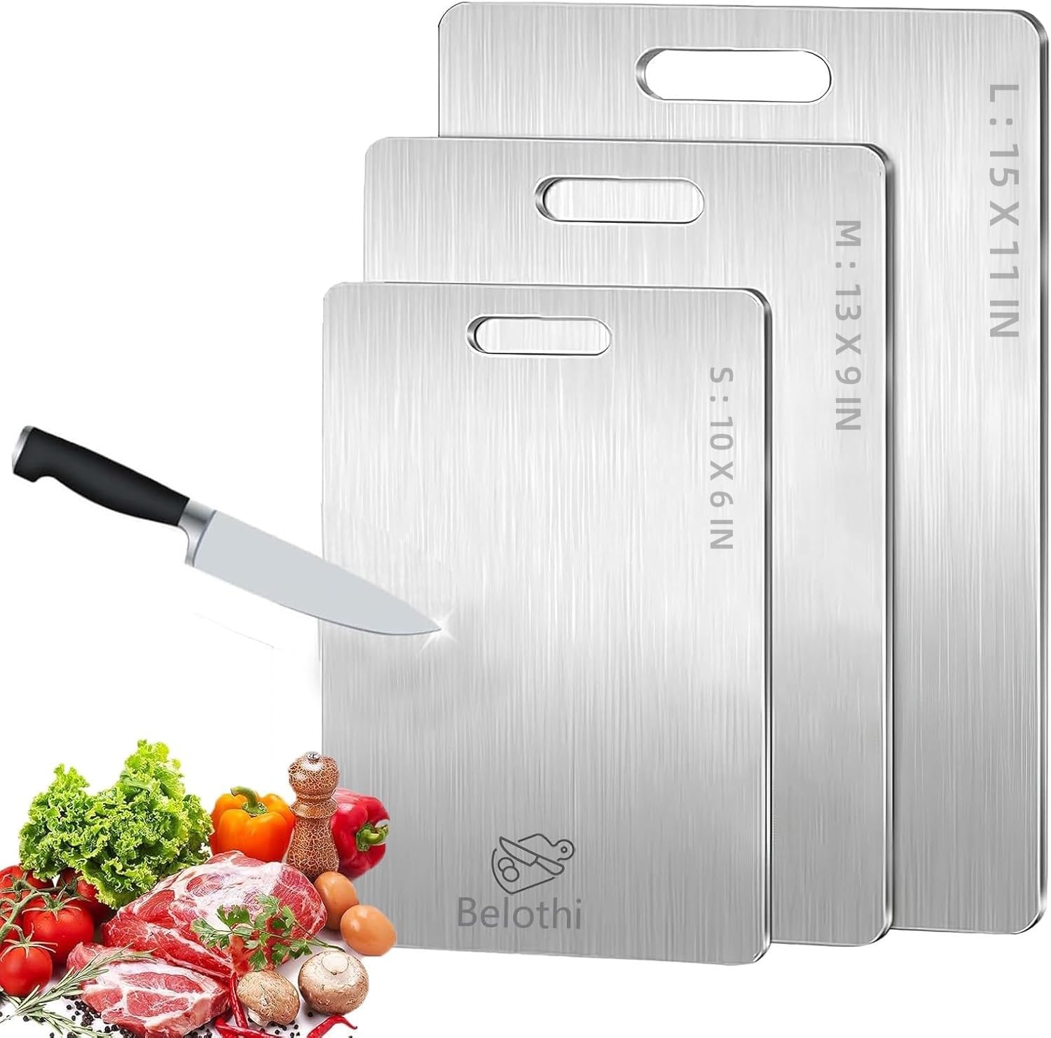 Belothi tabla 15x11 de acero inoxidable, superficie lisa para cortar vegetales con precisión