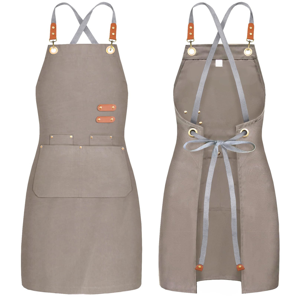 BeLuyi delantal chef cruzado beige, vista frontal, cómodo para cocinar.