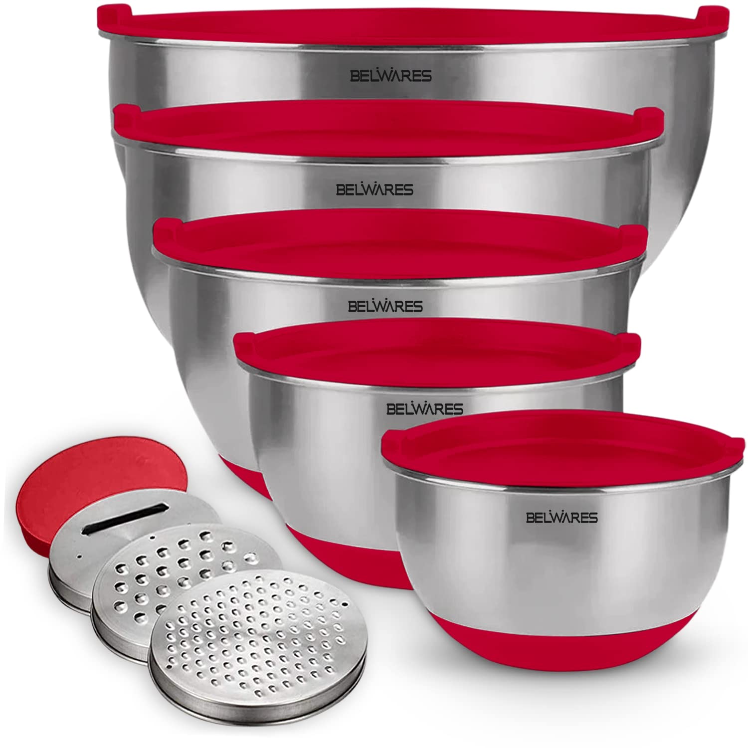 Belwares tazones apilables con tapas rojas para ahorrar espacio